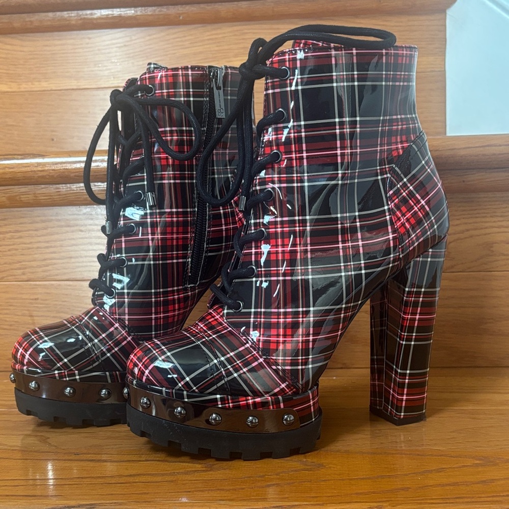 Jessica Simpson Red and Black Plaid Lace-Up Boots